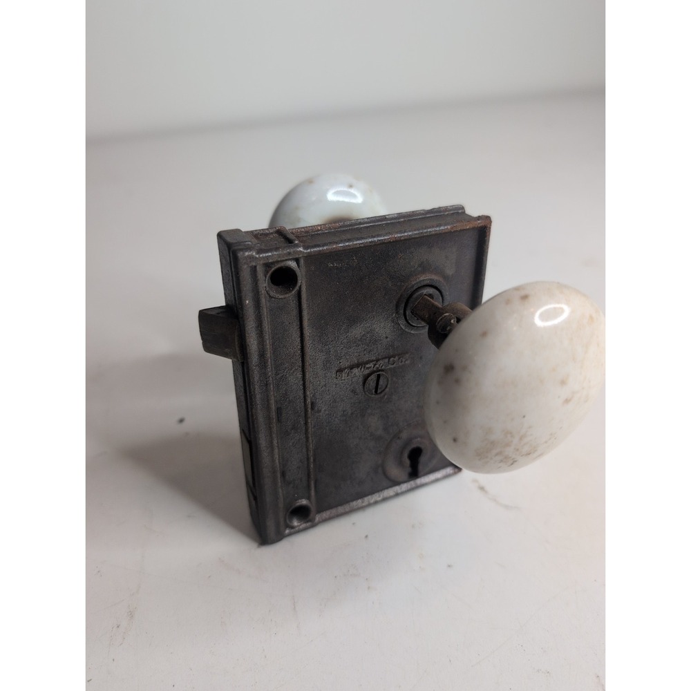 Vintage Antique MW & Co Mortise Lock Door Hardware With White Knobs